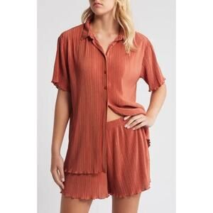 Open Edit Plisse Short Pajama Top in Rust Redwood